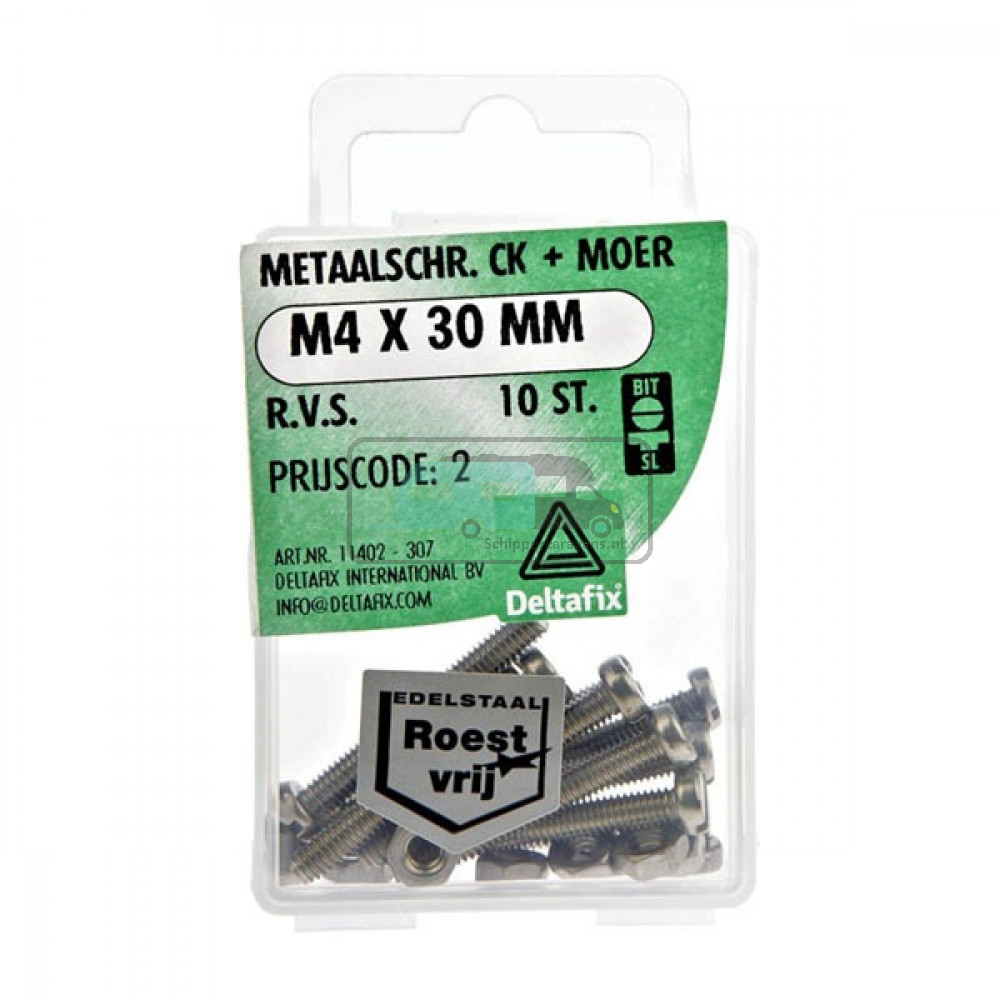 Deltafix Metaalschroef + Moer CK RVS CK M4x30mm 10st 