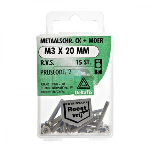 [OCS_2501421] Deltafix Metaalschroef + Moer CK RVS CK M3x20mm 15st 