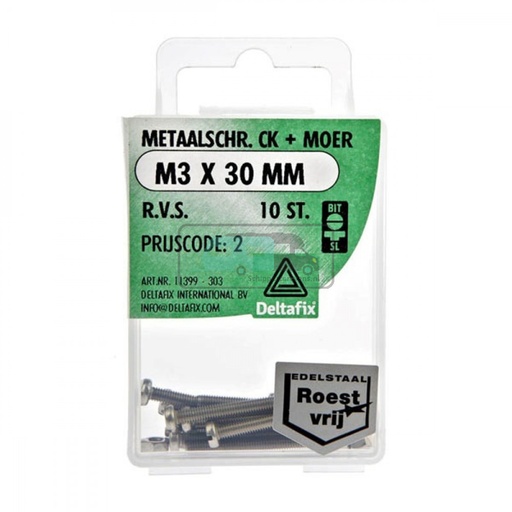 [OCS_2501424] Deltafix Metaalschroef + Moer CK RVS CK M3x30mm 10st