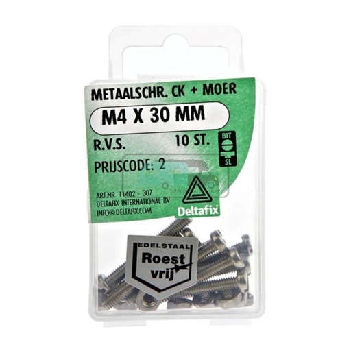 [OCS_2501430] Deltafix Metaalschroef + Moer CK RVS CK M4x30mm 10st 