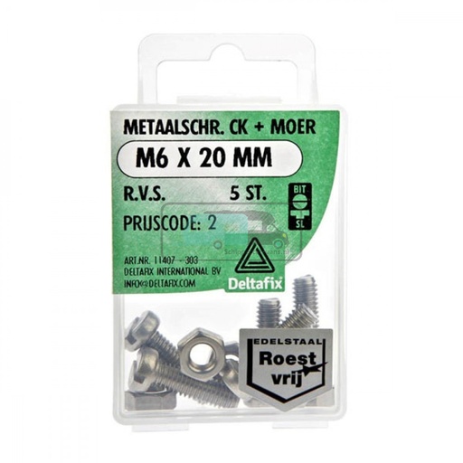 [OCS_2501436] Deltafix Metaalschroef + Moer CK RVS CK M6x20mm 5st