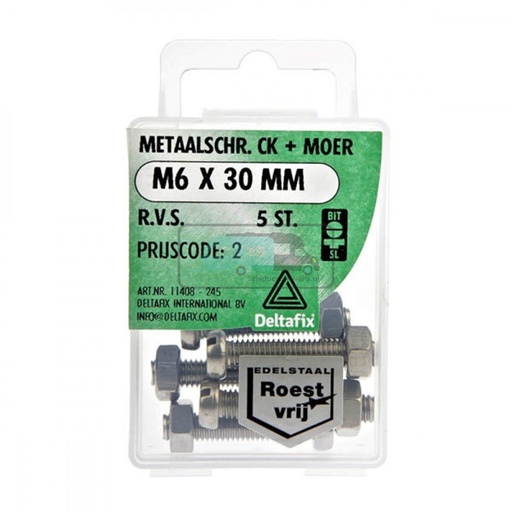 [OCS_2501439] Deltafix Metaalschroef + Moer CK RVS CK M6x30mm 5st