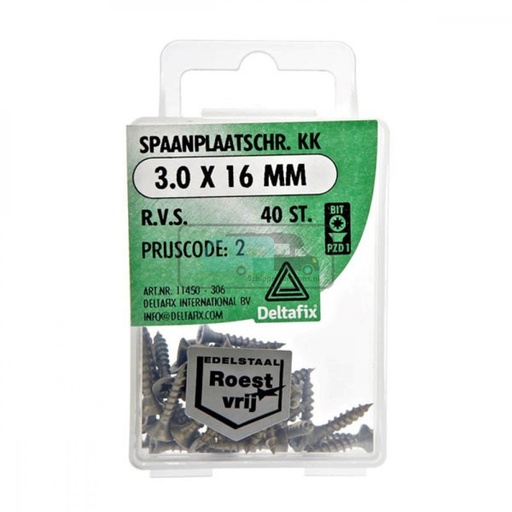 [OCS_2501472] Deltafix Spaanplaatschroef KK RVS 3.0x16 mm Set 40st