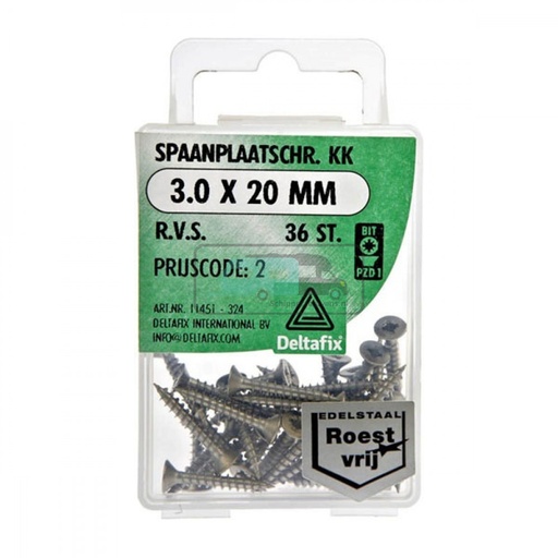 [OCS_2501475] Deltafix Spaanplaatschroef KK RVS 3.0x20mm Set 36st