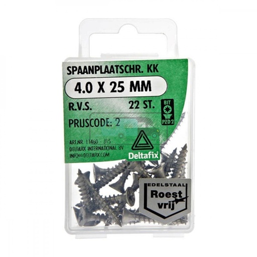 [OCS_2501490] Deltafix Spaanplaatschroef KK RVS 4.0x25mm Set 22st