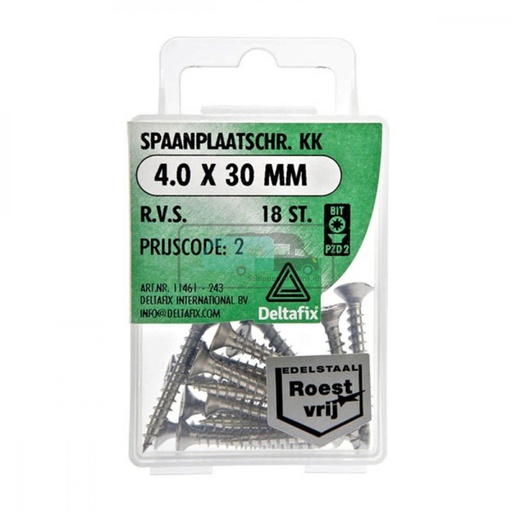 [OCS_2501493] Deltafix Spaanplaatschroef KK RVS 4.0x30mm Set 18st