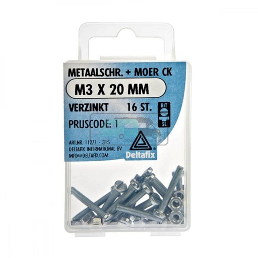 [OCS_2501304] Deltafix Metaalschroef + Moer CK Verzinkt CK M3x20mm 16st 