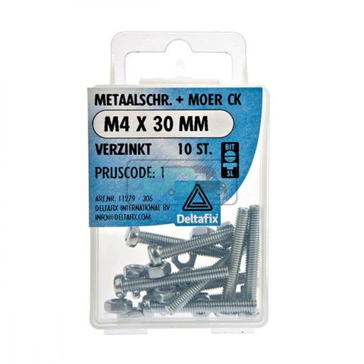 [OCS_2501319] Deltafix Metaalschroef + Moer CK Verzinkt CK M4x30mm 10st 
