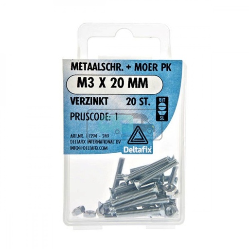 [OCS_2501337] Deltafix Metaalschroef + Moer PK Verzinkt M3x20mm 20st
