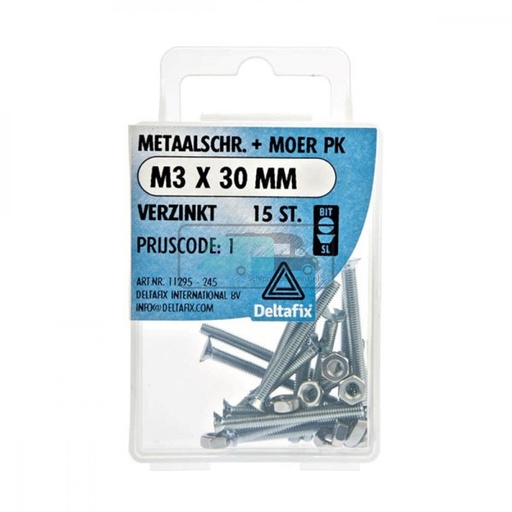 [OCS_2501340] Deltafix Metaalschroef + Moer PK Verzinkt M3x30mm 15st