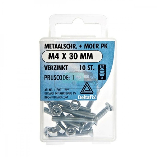 [OCS_2501352] Deltafix Metaalschroef + Moer PK Verzinkt M4x30mm 10st